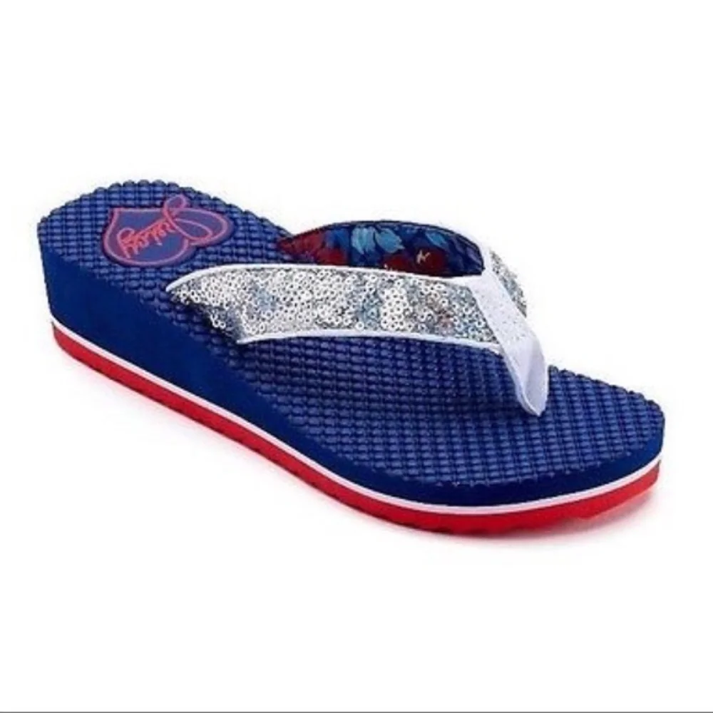JUICY COUTURE Sandals Flip Flops Sequin Wedge Red White Blue Sizes S XL - Picture 1 of 4